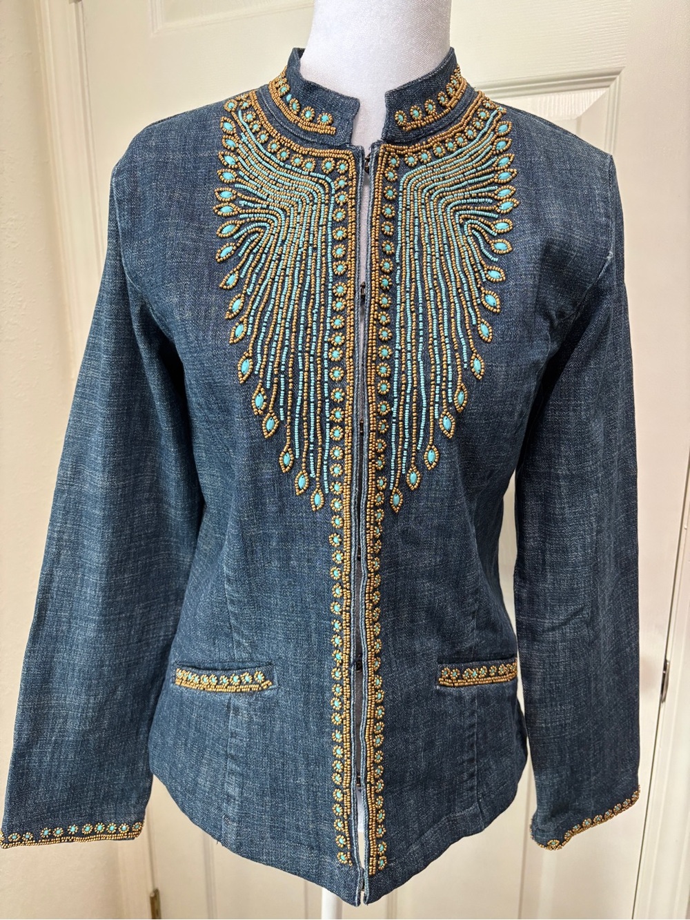 Chico’s Beaded Denim Jacket Turquoise Hook-Eye Embellished Sz 0